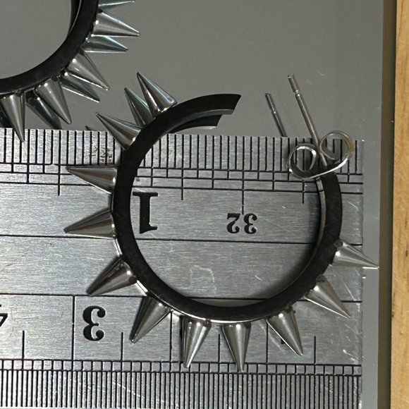 Punk Rock Star Black Silver Spike Stainless Steel Pierced Hoop Earrings - Picture 4 of 5